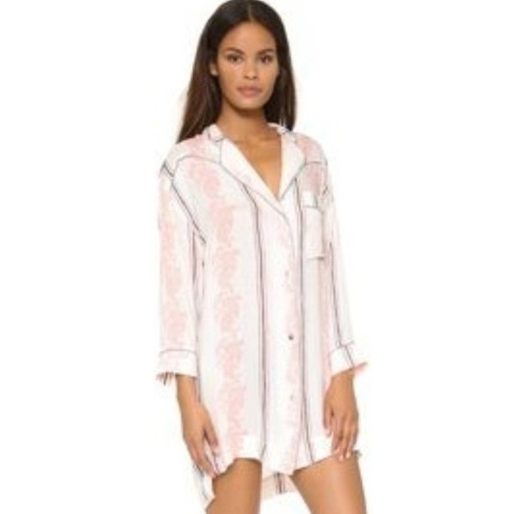 Free People Close To Me Button Front‎ Night Shirt XS Pink Paisley Stripe Lounge